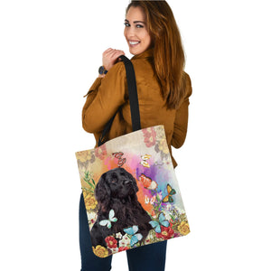 Long Hair Bla Labrador And Butterflies-Cloth Tote Bag