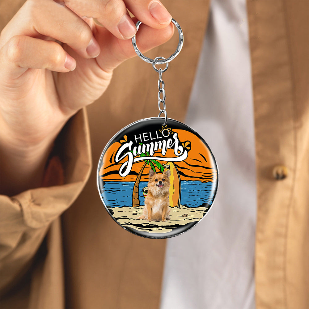 Long Hair Chihuahua Hello Summer-Round Resin Epoxy Metal Keychain