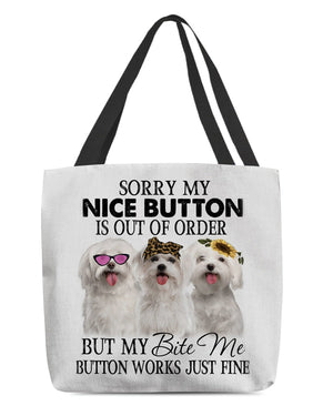 Maltese-Bite Me Button-Cloth Tote Bag