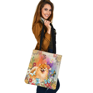 Pomeranian 1 And Butterflies-Cloth Tote Bag