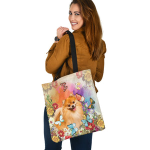 Pomeranian 1 And Butterflies-Cloth Tote Bag