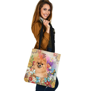 Pomeranian And Butterflies-Cloth Tote Bag