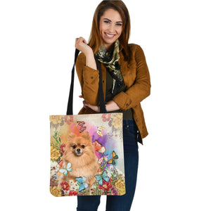 Pomeranian And Butterflies-Cloth Tote Bag