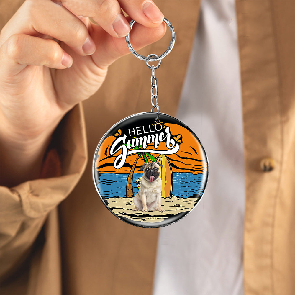 Pug Hello Summer-Round Resin Epoxy Metal Keychain