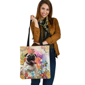 Pug 3 And Butterflies-Cloth Tote Bag