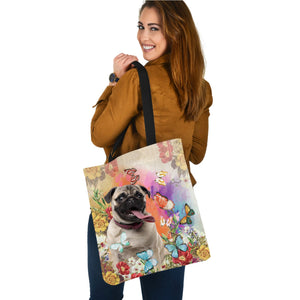 Pug 3 And Butterflies-Cloth Tote Bag