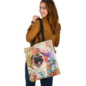 Pug And Butterflies-Cloth Tote Bag