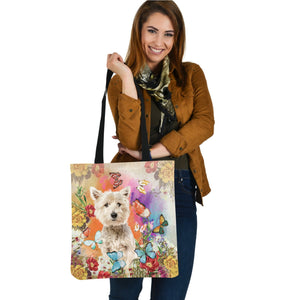 West Highland White Terrier And Butterflies-Cloth Tote Bag